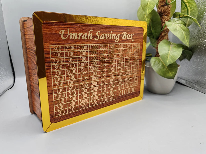 Premium Wooden Umrah Saving Box – 210,000 Savings Goal Challenge Tracker