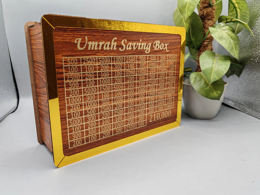 Premium Wooden Umrah Saving Box – 210,000 Savings Goal Challenge Tracker
